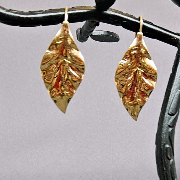 Textured Leaf Earrings, Stamped design w/ Ear Hooks, Gold Plate - 1 1/2" - Picture 5 of 9
